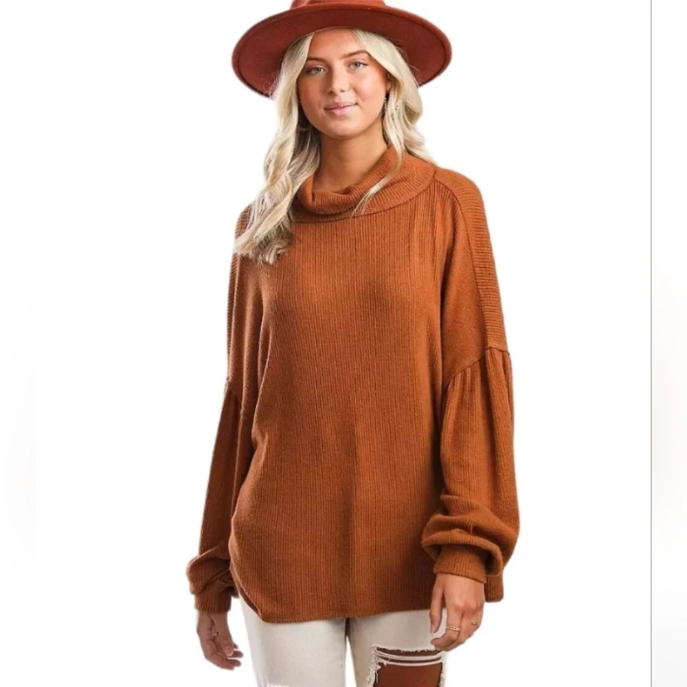 BKE Brushed Knit Ribbed Turtleneck Mocha Bisque Color Size Small